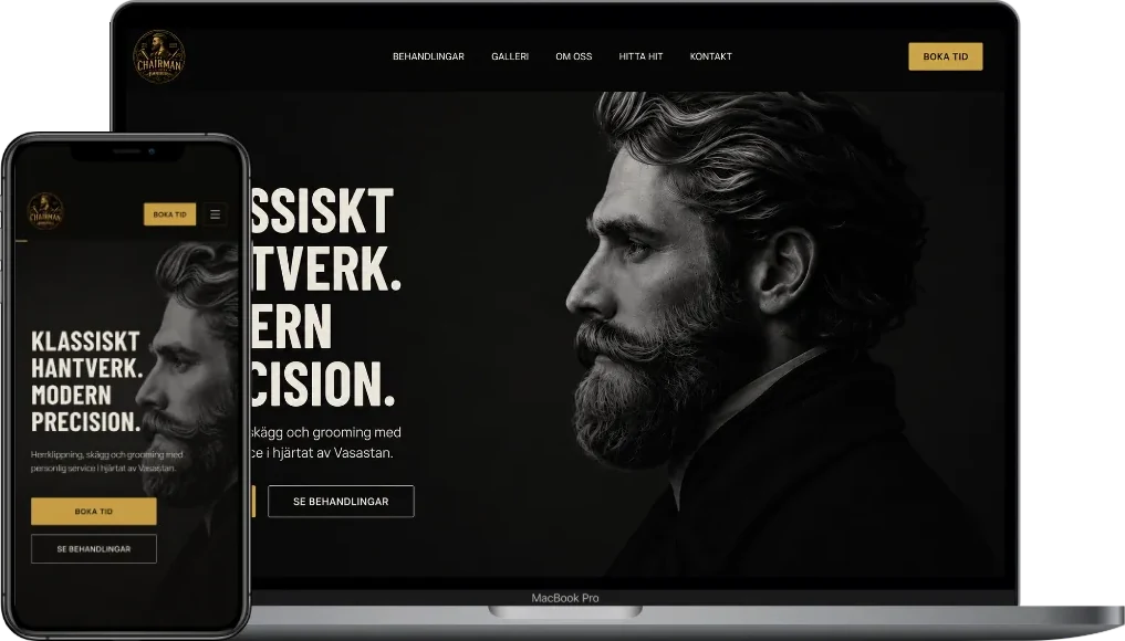 The Chairman Barbers hemsida på dator och mobil, designad och utvecklad av Studio Klaro