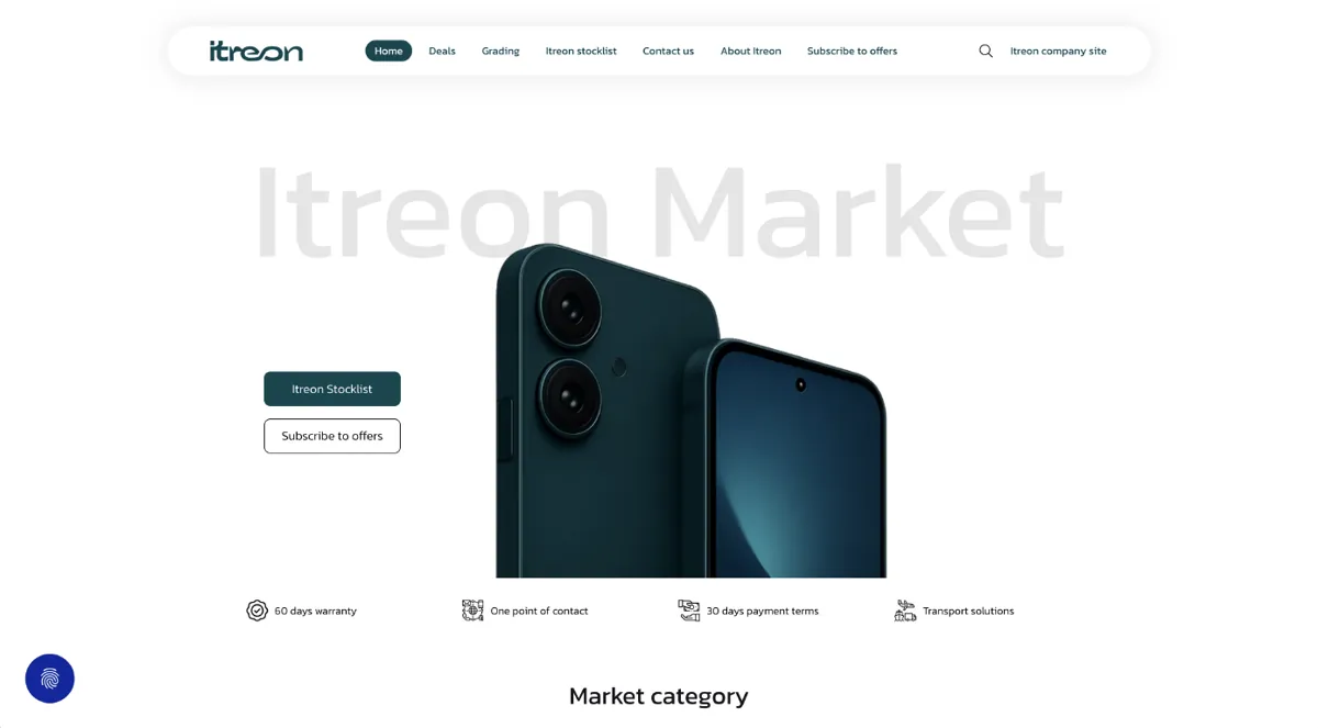 Startsidan på Itreon Market med meny, rubriken Itreon Market och två mobiltelefoner