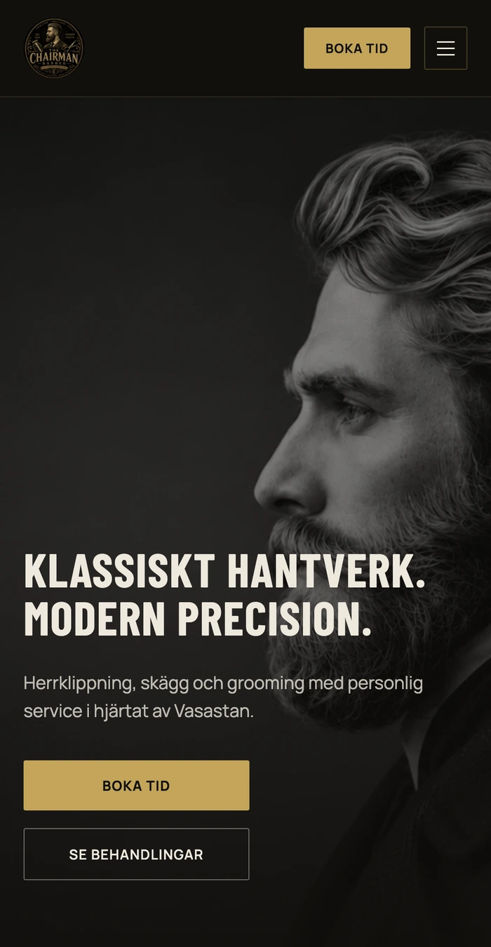 Samma startsida i mobilen, med Boka tid synligt i sidhuvudet