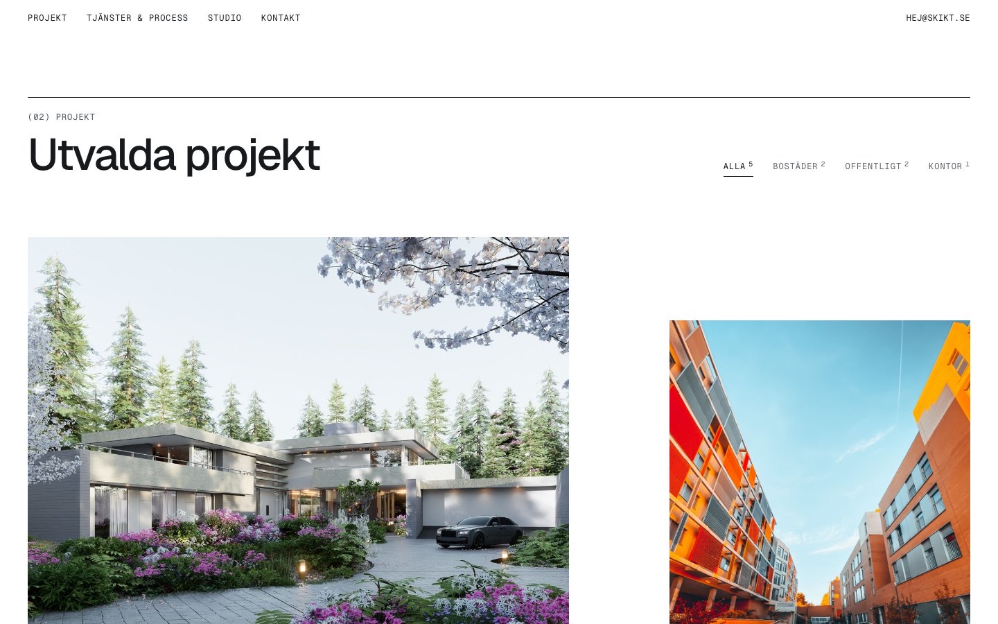 Projektarkivet på SKIKT:s startsida: rubriken Utvalda projekt, filter per kategori och ett asymmetriskt rutnät med stora projektbilder