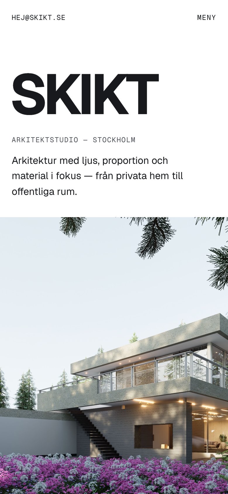 SKIKT:s startsida på mobil: ordmärket SKIKT, kort introtext och en stor projektbild