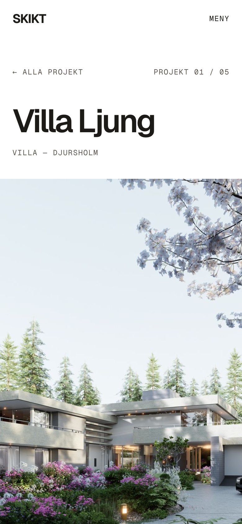 Projektsidan Villa Ljung på mobil med rubrik och bred projektbild