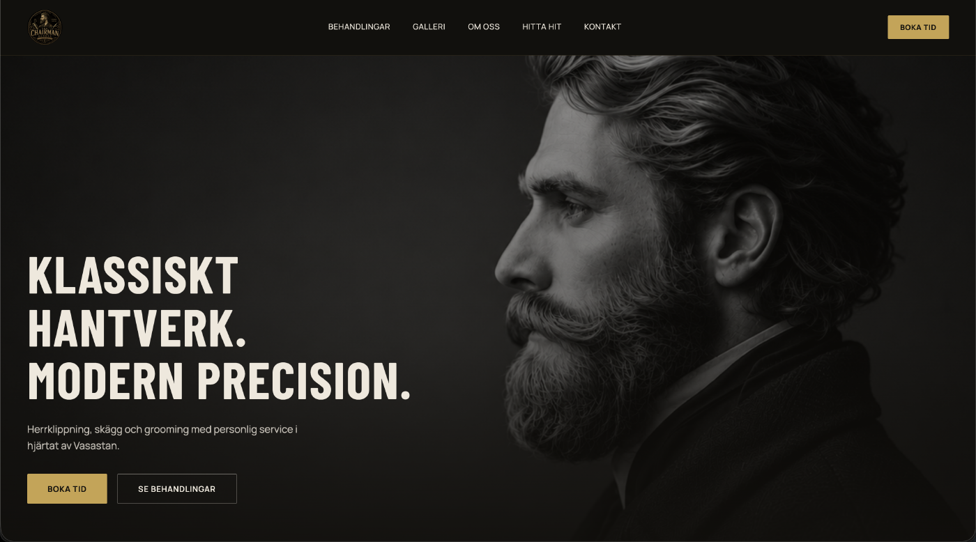 Hemsida designad för The Chairman Barber i Stockholm